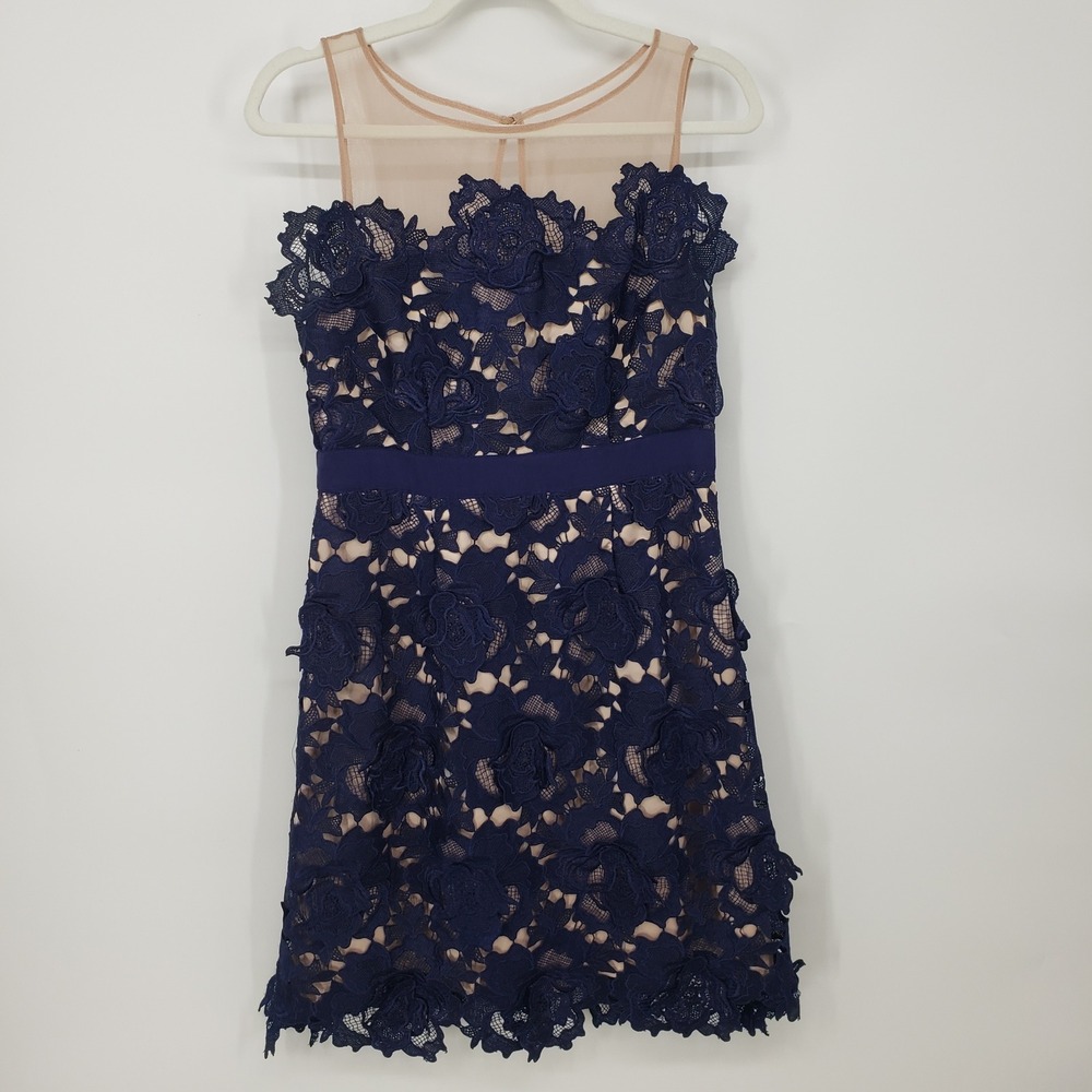 Adrianna Papell Navy Lace Floral Applique Cocktail Sheath Dress Illusion Size 6